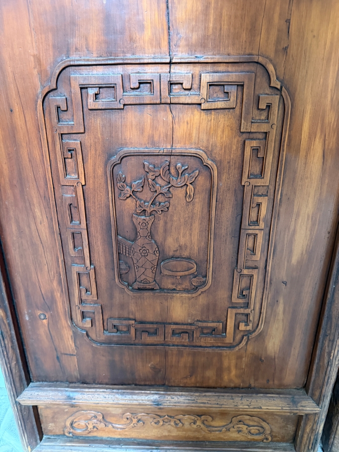 Pair of Antique Chinese Carved Elm Lattice Screens Featuring Intricate Fretwork and Figural Motifs Each Measures 25.5'W X 97'H [Photo 11]