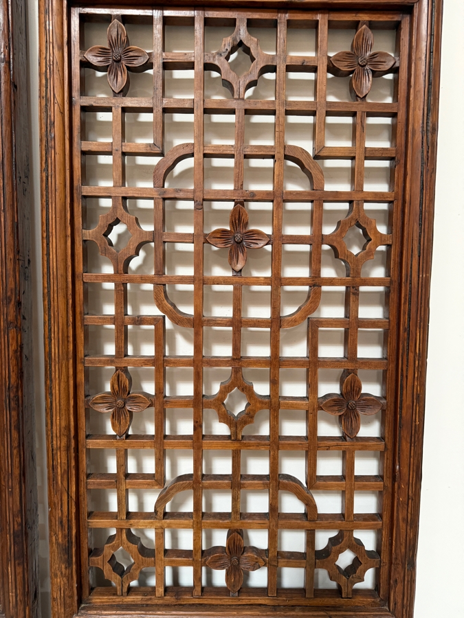 Pair of Antique Chinese Carved Elm Lattice Screens Featuring Intricate Fretwork and Figural Motifs Each Measures 25.5'W X 97'H [Photo 7]