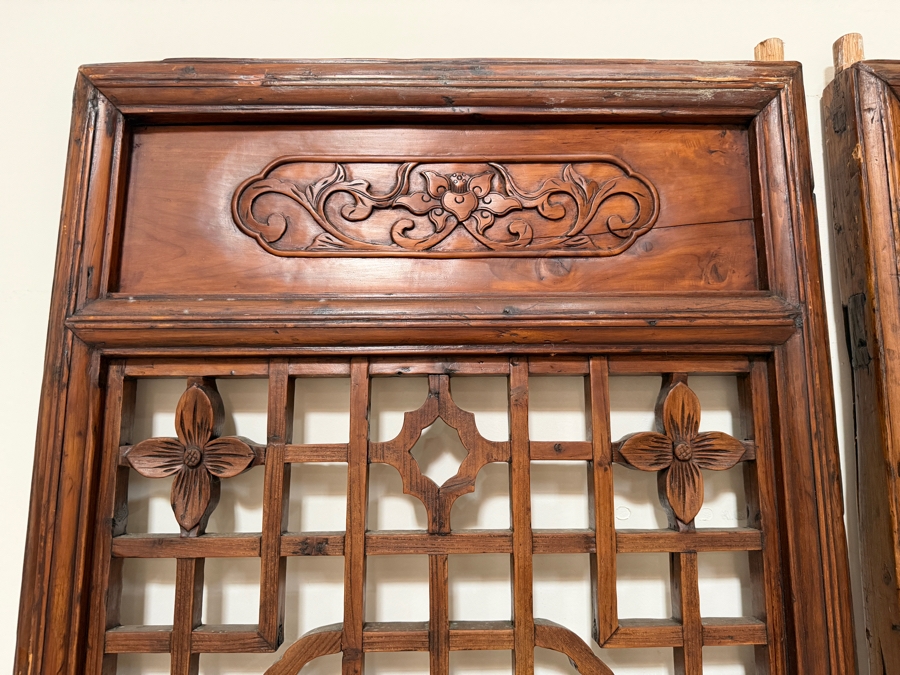 Pair of Antique Chinese Carved Elm Lattice Screens Featuring Intricate Fretwork and Figural Motifs Each Measures 25.5'W X 97'H [Photo 12]