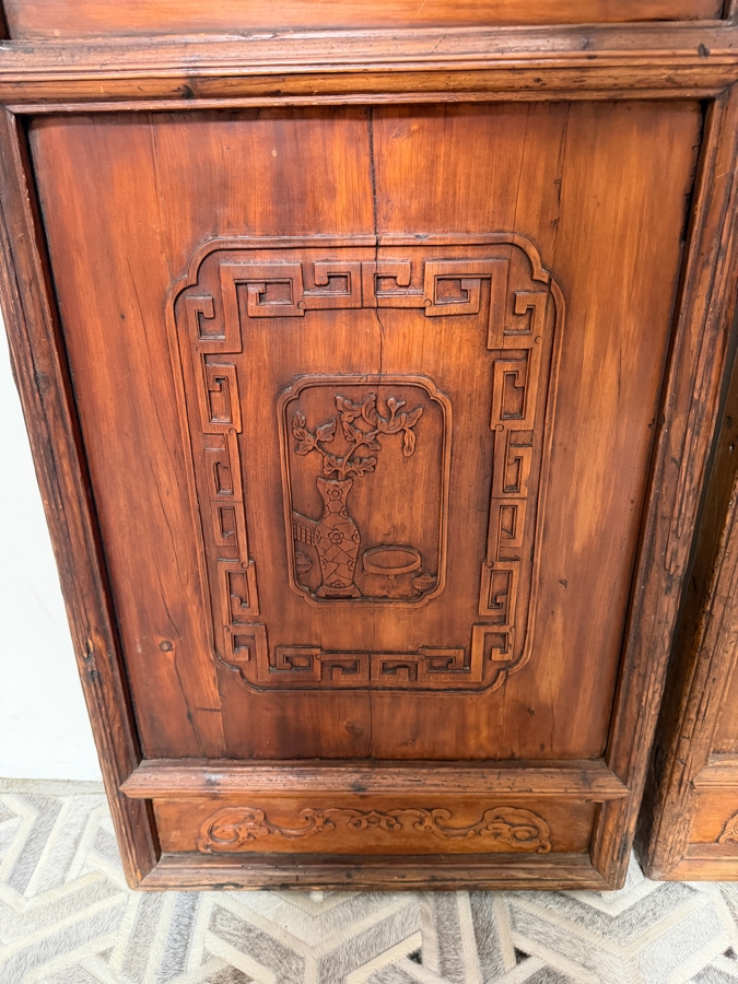 Pair of Antique Chinese Carved Elm Lattice Screens Featuring Intricate Fretwork and Figural Motifs Each Measures 25.5'W X 97'H [Photo 10]