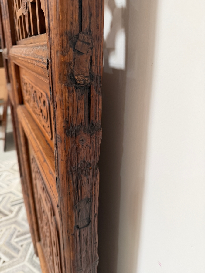 Pair of Antique Chinese Carved Elm Lattice Screens Featuring Intricate Fretwork and Figural Motifs Each Measures 25.5'W X 97'H [Photo 16]