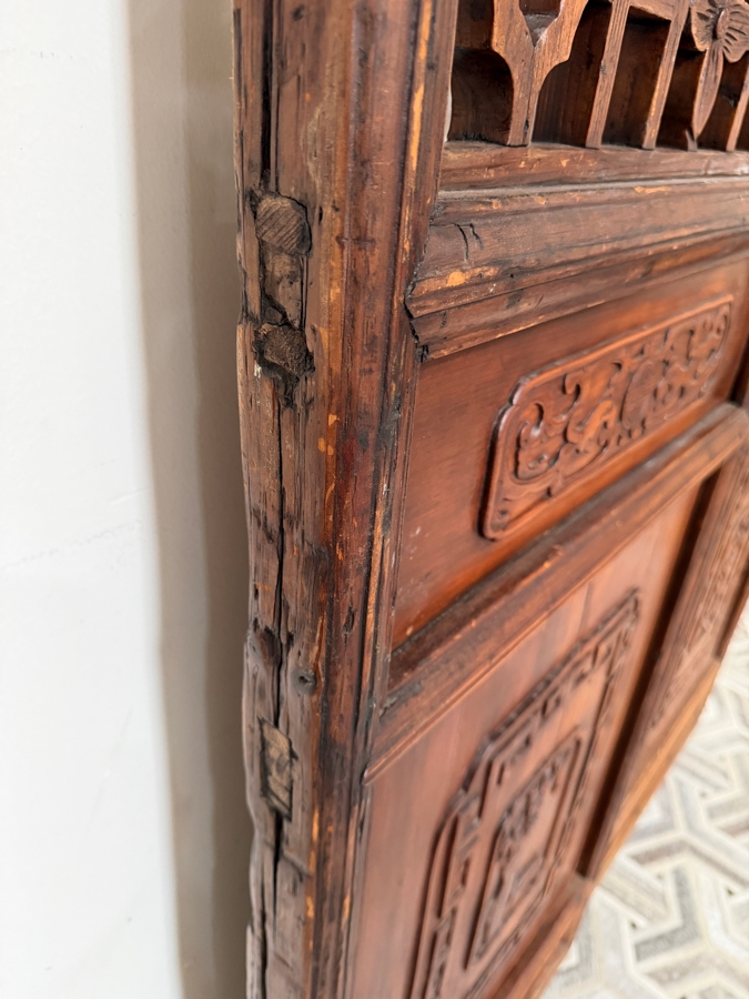Pair of Antique Chinese Carved Elm Lattice Screens Featuring Intricate Fretwork and Figural Motifs Each Measures 25.5'W X 97'H [Photo 13]