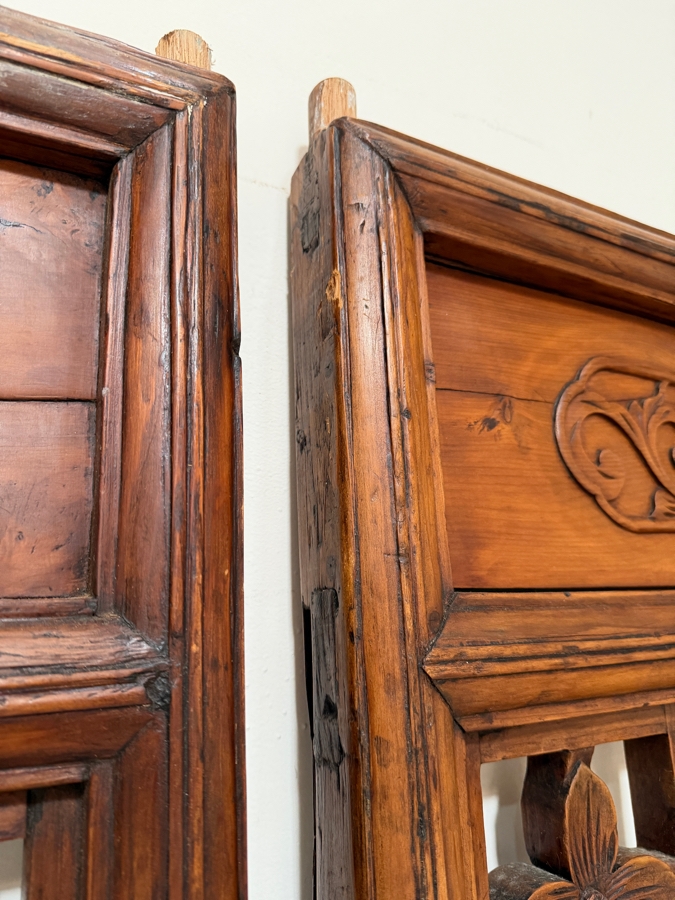 Pair of Antique Chinese Carved Elm Lattice Screens Featuring Intricate Fretwork and Figural Motifs Each Measures 25.5'W X 97'H [Photo 15]