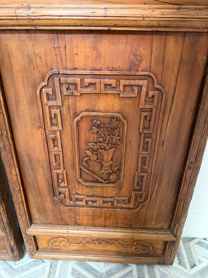Pair of Antique Chinese Carved Elm Lattice Screens Featuring Intricate Fretwork and Figural Motifs Each Measures 25.5'W X 97'H [Photo 4]