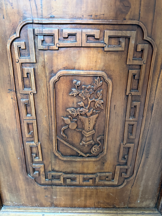 Pair of Antique Chinese Carved Elm Lattice Screens Featuring Intricate Fretwork and Figural Motifs Each Measures 25.5'W X 97'H [Photo 5]