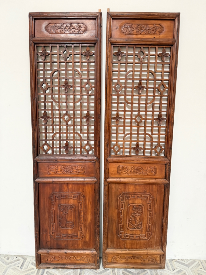 Pair of Antique Chinese Carved Elm Lattice Screens Featuring Intricate Fretwork and Figural Motifs Each Measures 25.5'W X 97'H [Photo 2]