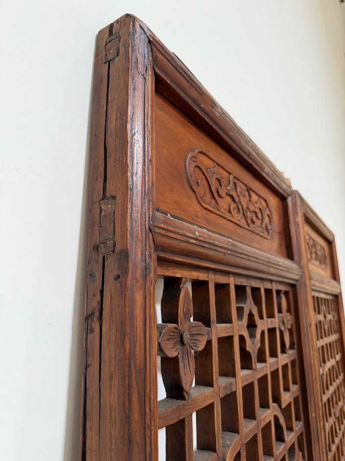 Pair of Antique Chinese Carved Elm Lattice Screens Featuring Intricate Fretwork and Figural Motifs Each Measures 25.5'W X 97'H [Photo 14]