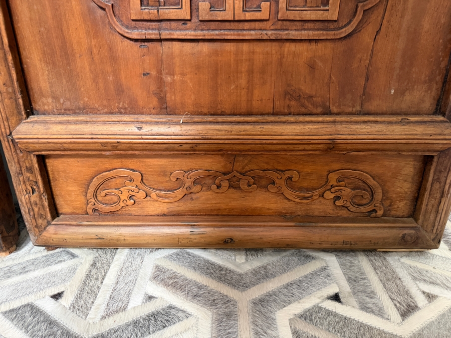 Pair of Antique Chinese Carved Elm Lattice Screens Featuring Intricate Fretwork and Figural Motifs Each Measures 25.5'W X 97'H [Photo 6]