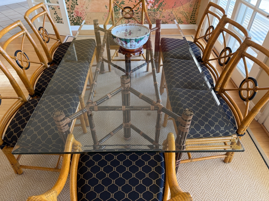 High-End McGuire San Francisco Glass Top Dining Table 42' X 82' X 28.5'H with (6) McGuire Dining Chairs and (2) McGuire Armchairs Retailed for $11,310 [Photo 10]