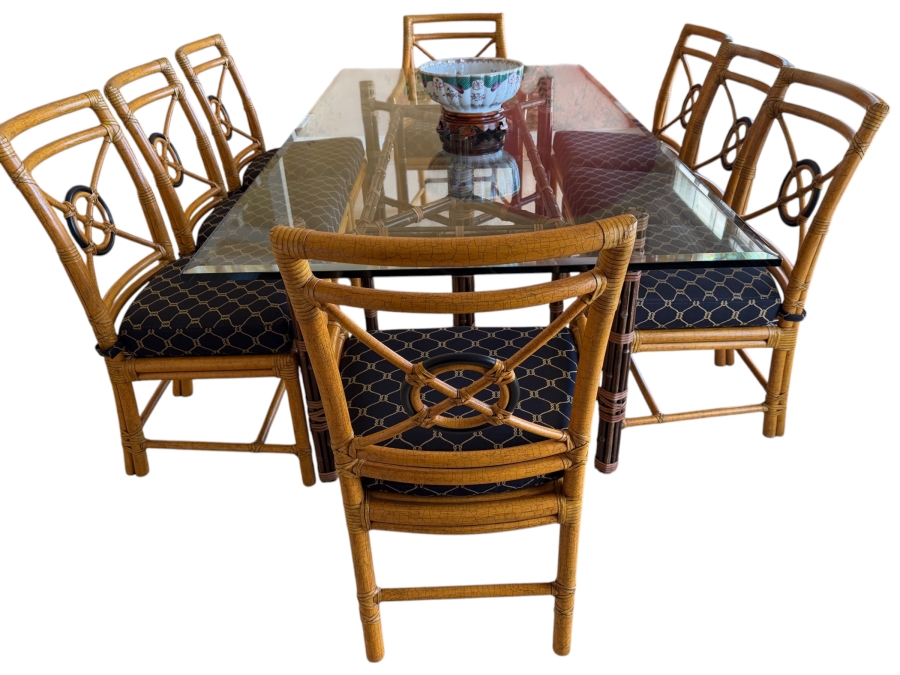High-End McGuire San Francisco Glass Top Dining Table 42' X 82' X 28.5'H with (6) McGuire Dining Chairs and (2) McGuire Armchairs Retailed for $11,310 [Photo 2]