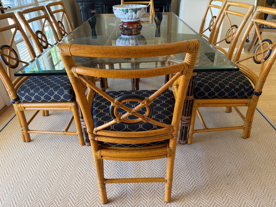 High-End McGuire San Francisco Glass Top Dining Table 42' X 82' X 28.5'H with (6) McGuire Dining Chairs and (2) McGuire Armchairs Retailed for $11,310 [Photo 6]