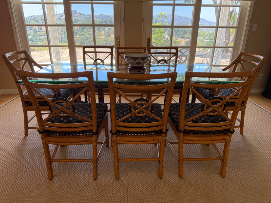 High-End McGuire San Francisco Glass Top Dining Table 42' X 82' X 28.5'H with (6) McGuire Dining Chairs and (2) McGuire Armchairs Retailed for $11,310 [Photo 3]