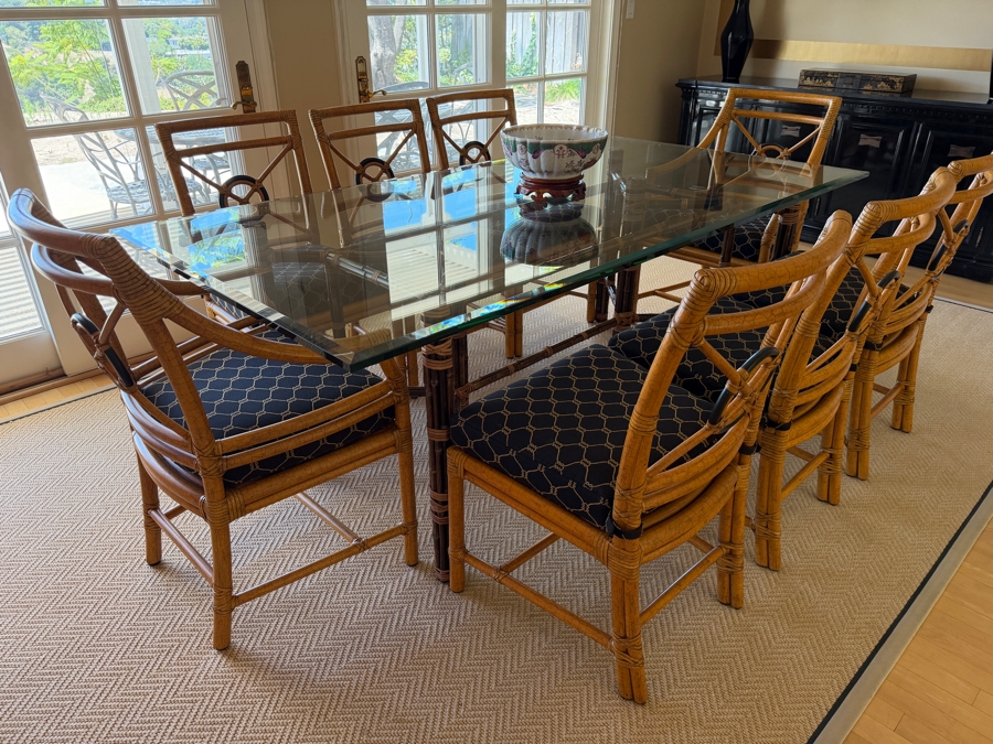 High-End McGuire San Francisco Glass Top Dining Table 42' X 82' X 28.5'H with (6) McGuire Dining Chairs and (2) McGuire Armchairs Retailed for $11,310 [Photo 4]
