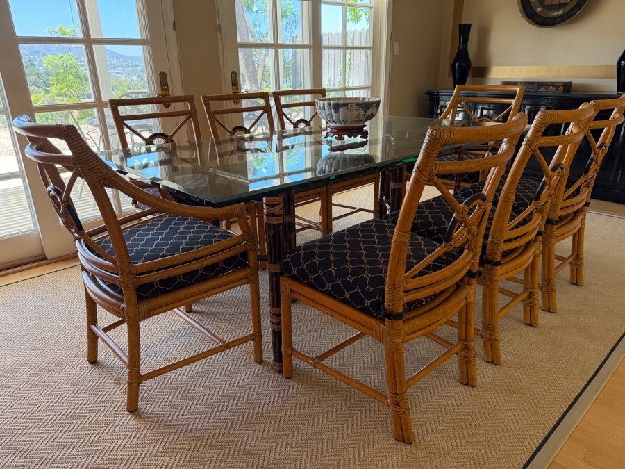 High-End McGuire San Francisco Glass Top Dining Table 42' X 82' X 28.5'H with (6) McGuire Dining Chairs and (2) McGuire Armchairs Retailed for $11,310 [Photo 5]