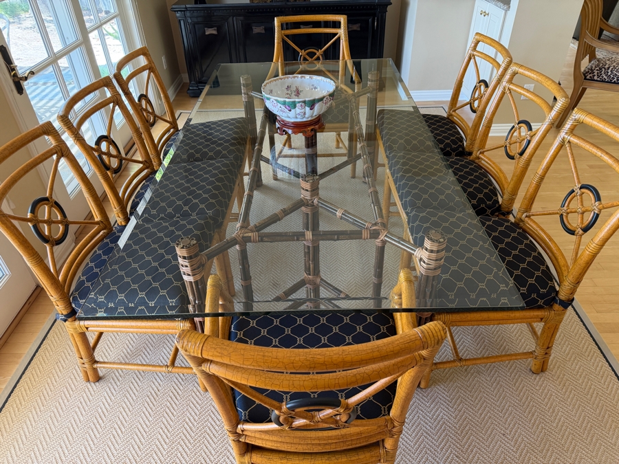 High-End McGuire San Francisco Glass Top Dining Table 42' X 82' X 28.5'H with (6) McGuire Dining Chairs and (2) McGuire Armchairs Retailed for $11,310 [Photo 7]