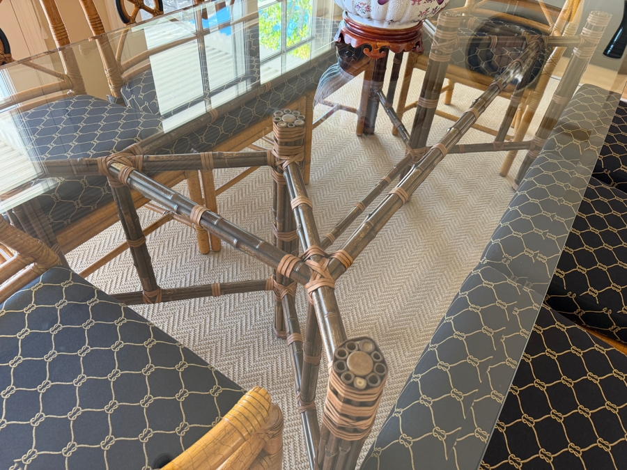 High-End McGuire San Francisco Glass Top Dining Table 42' X 82' X 28.5'H with (6) McGuire Dining Chairs and (2) McGuire Armchairs Retailed for $11,310 [Photo 8]