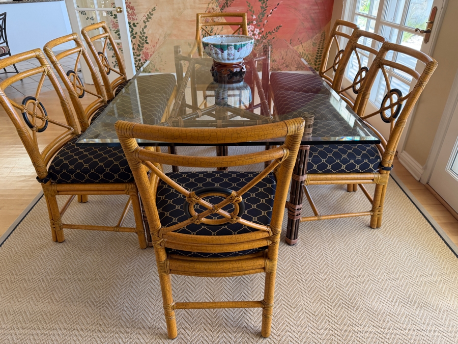 High-End McGuire San Francisco Glass Top Dining Table 42' X 82' X 28.5'H with (6) McGuire Dining Chairs and (2) McGuire Armchairs Retailed for $11,310 [Photo 9]