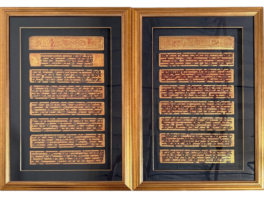 Antique Pair of Burmese Bible Scriptures Panels and Covers Shadowbox Framed 36' X 51' Each