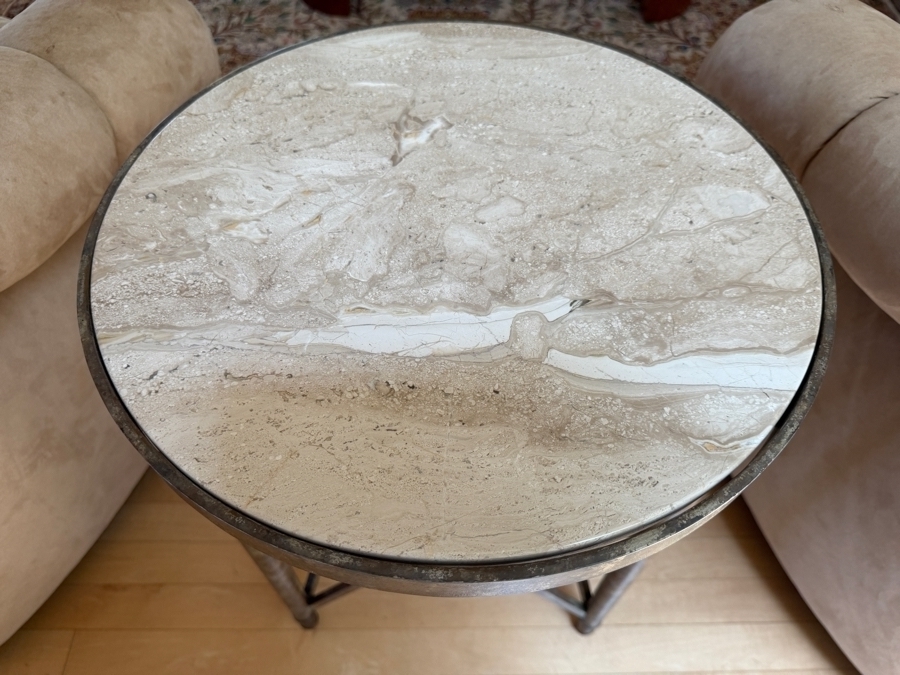 Travertine Top Metal Base 3-Legged Drink Cocktail Table from the D'orsay Holly Hunt Collection 17W X 24.5H [Photo 5]