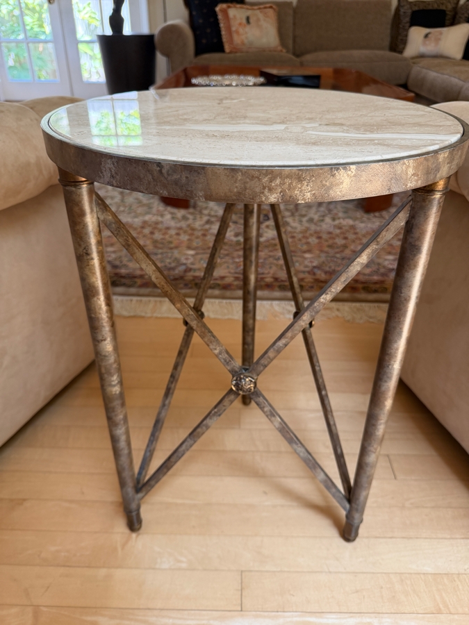 Travertine Top Metal Base 3-Legged Drink Cocktail Table from the D'orsay Holly Hunt Collection 17W X 24.5H [Photo 2]