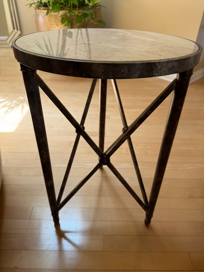 Travertine Top Metal Base 3-Legged Drink Cocktail Table from the D'orsay Holly Hunt Collection 17W X 24.5H [Photo 3]