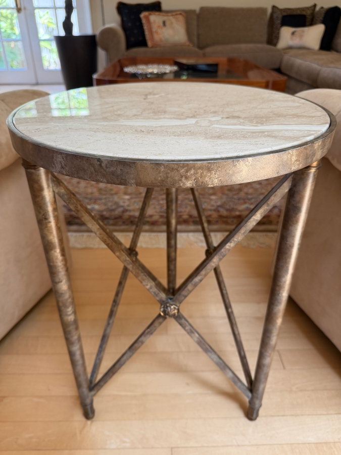 Travertine Top Metal Base 3-Legged Drink Cocktail Table from the D'orsay Holly Hunt Collection 17W X 24.5H