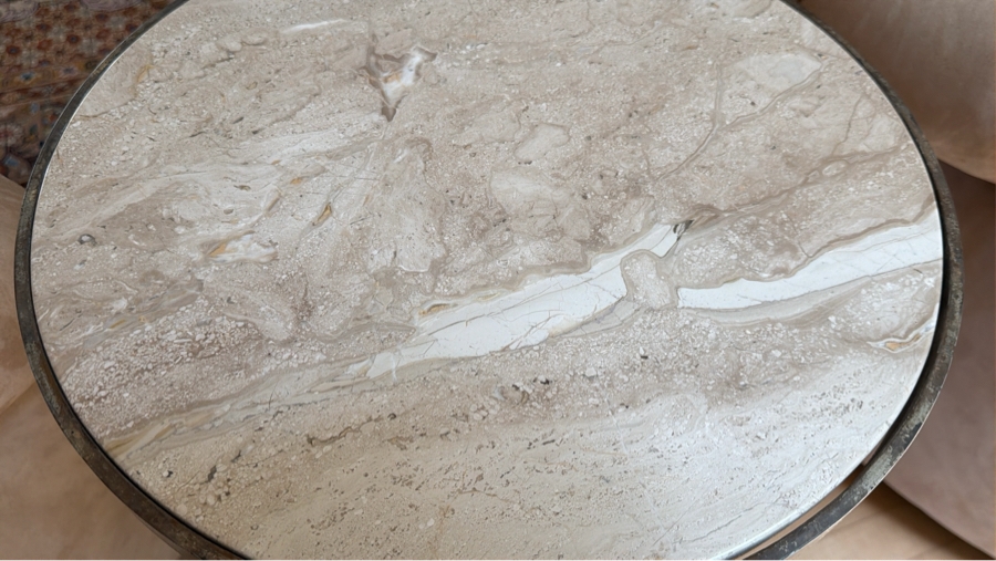 Travertine Top Metal Base 3-Legged Drink Cocktail Table from the D'orsay Holly Hunt Collection 17W X 24.5H [Photo 8]