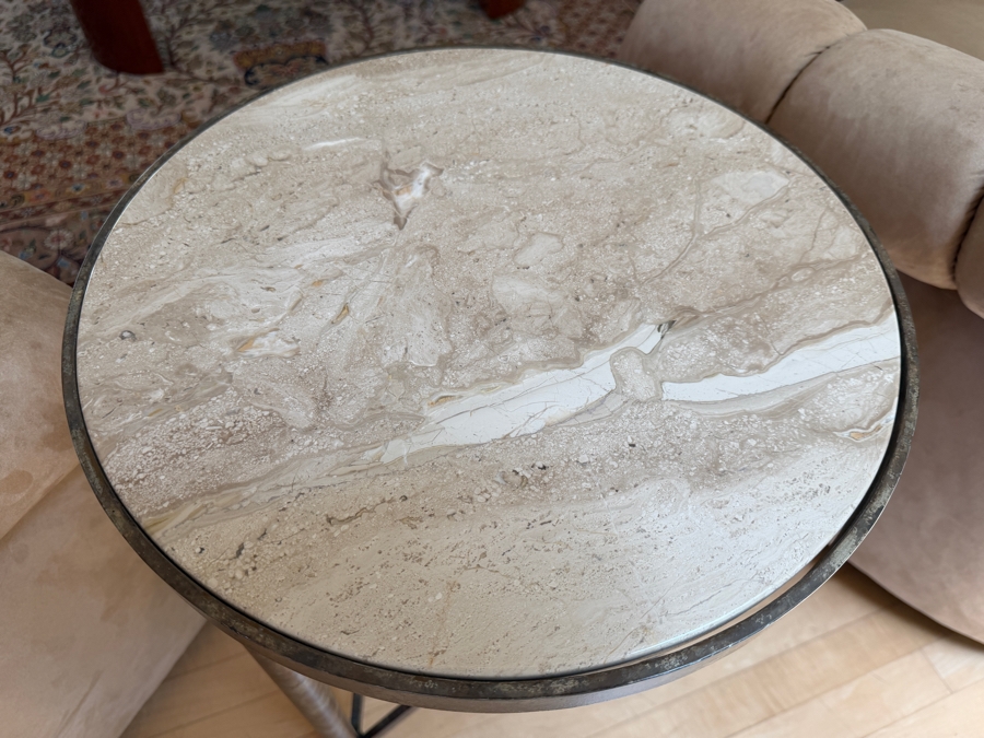 Travertine Top Metal Base 3-Legged Drink Cocktail Table from the D'orsay Holly Hunt Collection 17W X 24.5H [Photo 9]