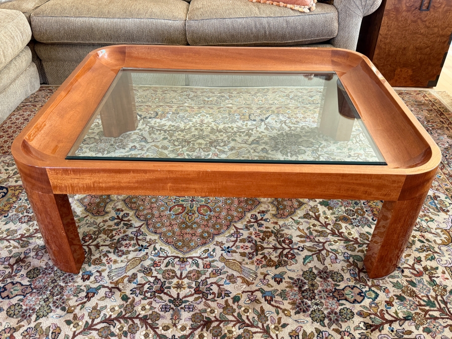 A. Soudavar for Mirak 'Old English' High-end Mahogany Wood Frame Coffee Table with Beveled Glass Insert 42'W X 52'D X 18'H