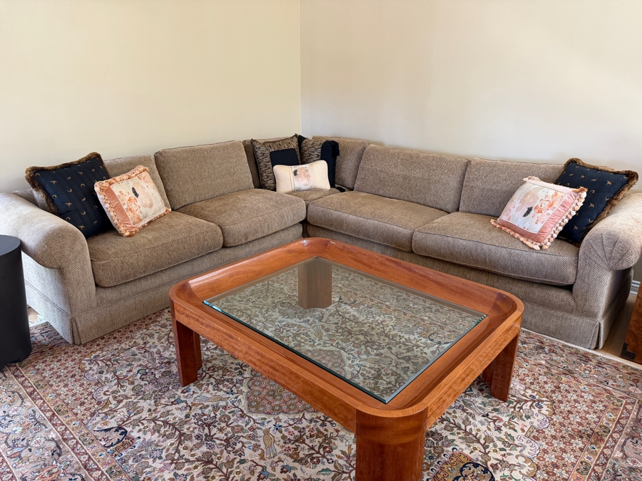 Traditional Two-Piece Neutral Fabric L-Shaped Sectional Sofa With Rolled Arms And Designer Pillows (Pillows Alone Retailed for $2,000) 120' X 113' X 38.5' [Photo 2]
