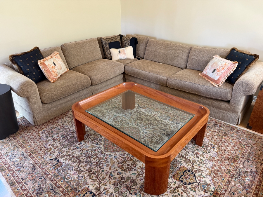 Traditional Two-Piece Neutral Fabric L-Shaped Sectional Sofa With Rolled Arms And Designer Pillows (Pillows Alone Retailed for $2,000) 120' X 113' X 38.5'