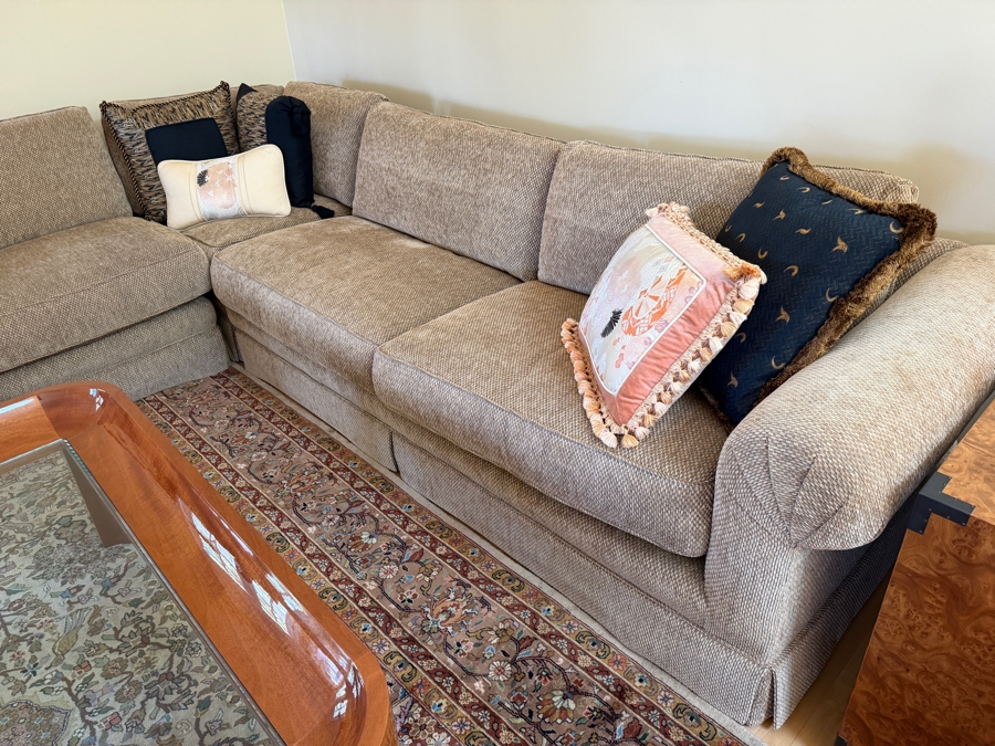 Traditional Two-Piece Neutral Fabric L-Shaped Sectional Sofa With Rolled Arms And Designer Pillows (Pillows Alone Retailed for $2,000) 120' X 113' X 38.5' [Photo 3]
