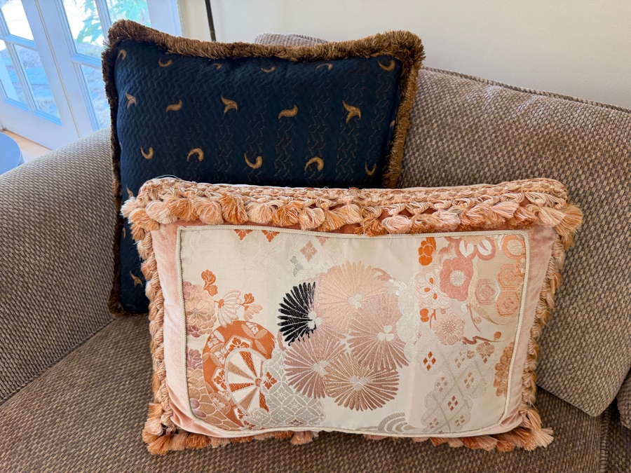 Traditional Two-Piece Neutral Fabric L-Shaped Sectional Sofa With Rolled Arms And Designer Pillows (Pillows Alone Retailed for $2,000) 120' X 113' X 38.5' [Photo 8]