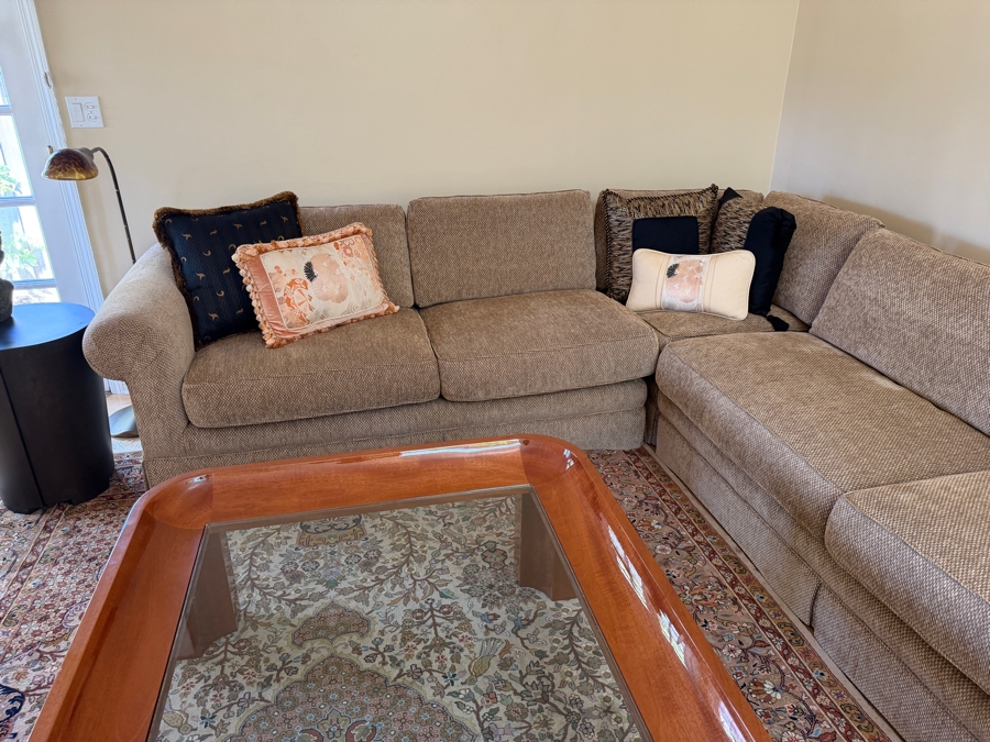 Traditional Two-Piece Neutral Fabric L-Shaped Sectional Sofa With Rolled Arms And Designer Pillows (Pillows Alone Retailed for $2,000) 120' X 113' X 38.5' [Photo 4]