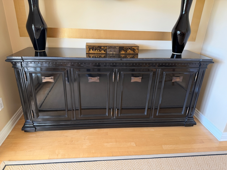 Black High-Gloss Lacquer Four-Door Credenza Sideboard With Black Galaxy Granite Top 75.5'W X 19.5'D X 32.5'H (Retailed $4,800) [Photo 3]