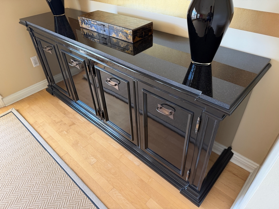 Black High-Gloss Lacquer Four-Door Credenza Sideboard With Black Galaxy Granite Top 75.5'W X 19.5'D X 32.5'H (Retailed $4,800) [Photo 4]
