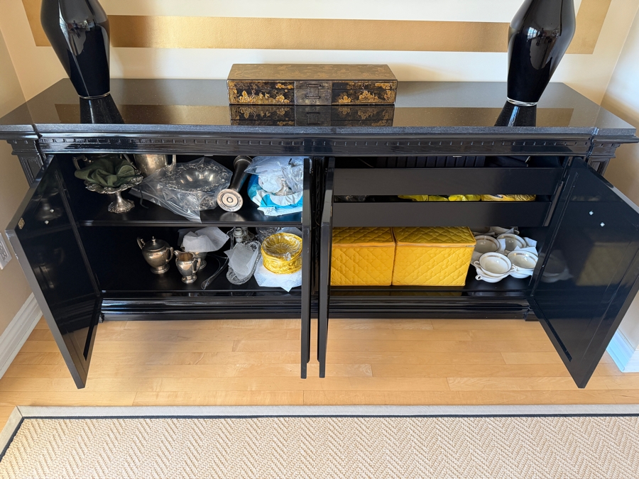 Black High-Gloss Lacquer Four-Door Credenza Sideboard With Black Galaxy Granite Top 75.5'W X 19.5'D X 32.5'H (Retailed $4,800) [Photo 7]