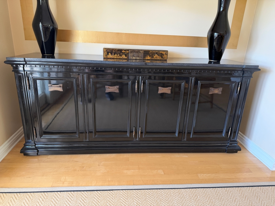 Black High-Gloss Lacquer Four-Door Credenza Sideboard With Black Galaxy Granite Top 75.5'W X 19.5'D X 32.5'H (Retailed $4,800)