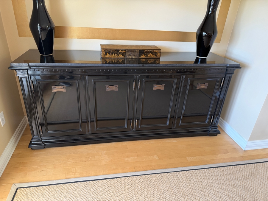 Black High-Gloss Lacquer Four-Door Credenza Sideboard With Black Galaxy Granite Top 75.5'W X 19.5'D X 32.5'H (Retailed $4,800) [Photo 2]