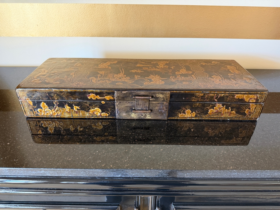 Vintage Chinese Black Lacquer Chinoiserie Long Document Box With Gilt Decoration 21.5'W X 8'D X 3.5'H [Photo 11]