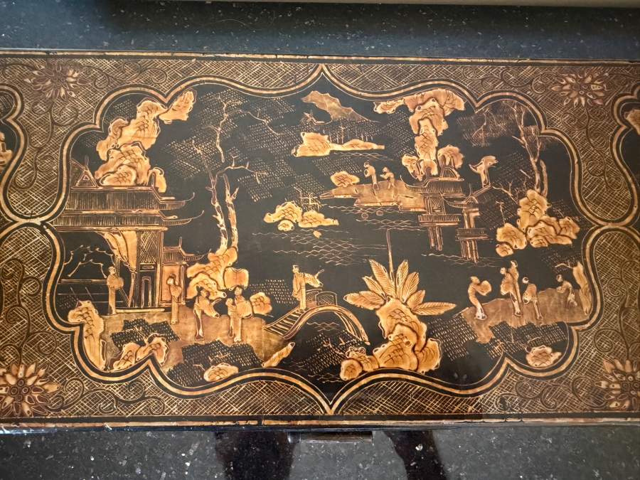 Vintage Chinese Black Lacquer Chinoiserie Long Document Box With Gilt Decoration 21.5'W X 8'D X 3.5'H [Photo 7]