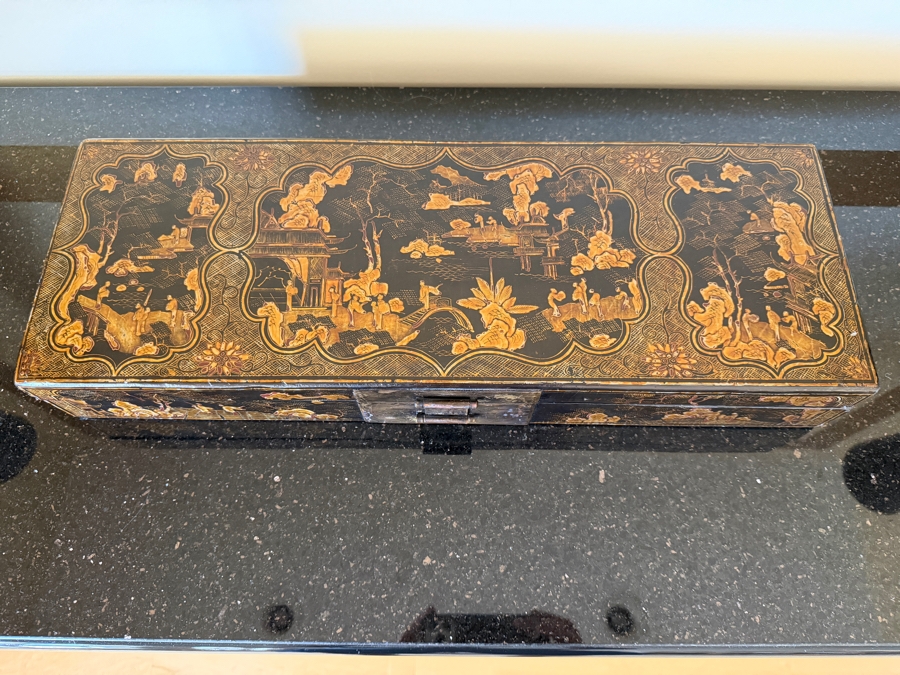 Vintage Chinese Black Lacquer Chinoiserie Long Document Box With Gilt Decoration 21.5'W X 8'D X 3.5'H [Photo 3]