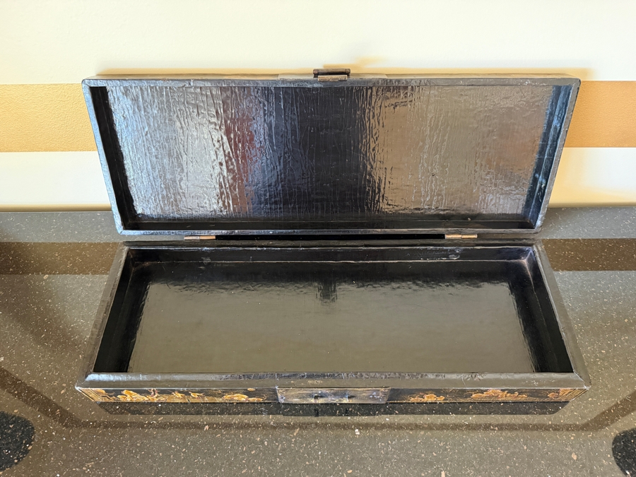 Vintage Chinese Black Lacquer Chinoiserie Long Document Box With Gilt Decoration 21.5'W X 8'D X 3.5'H [Photo 5]