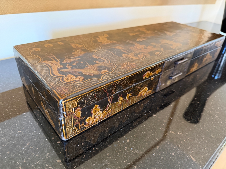 Vintage Chinese Black Lacquer Chinoiserie Long Document Box With Gilt Decoration 21.5'W X 8'D X 3.5'H [Photo 4]