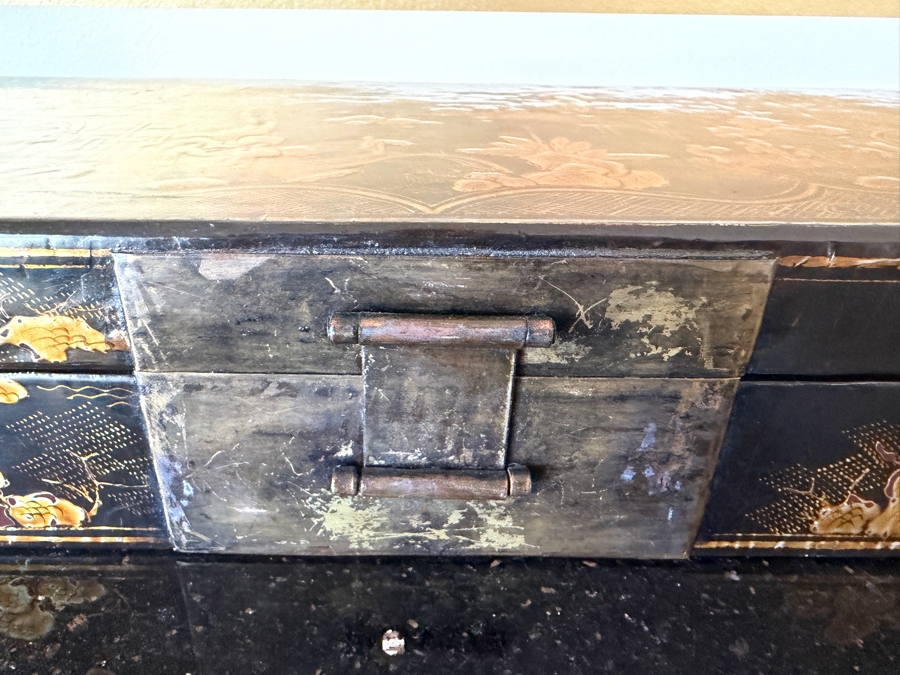 Vintage Chinese Black Lacquer Chinoiserie Long Document Box With Gilt Decoration 21.5'W X 8'D X 3.5'H [Photo 6]