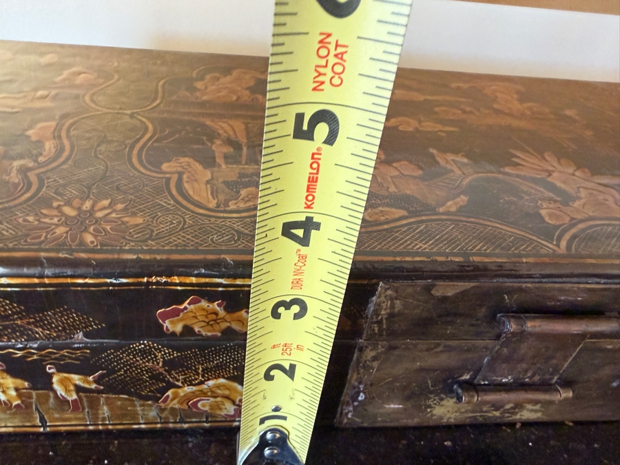 Vintage Chinese Black Lacquer Chinoiserie Long Document Box With Gilt Decoration 21.5'W X 8'D X 3.5'H [Photo 10]