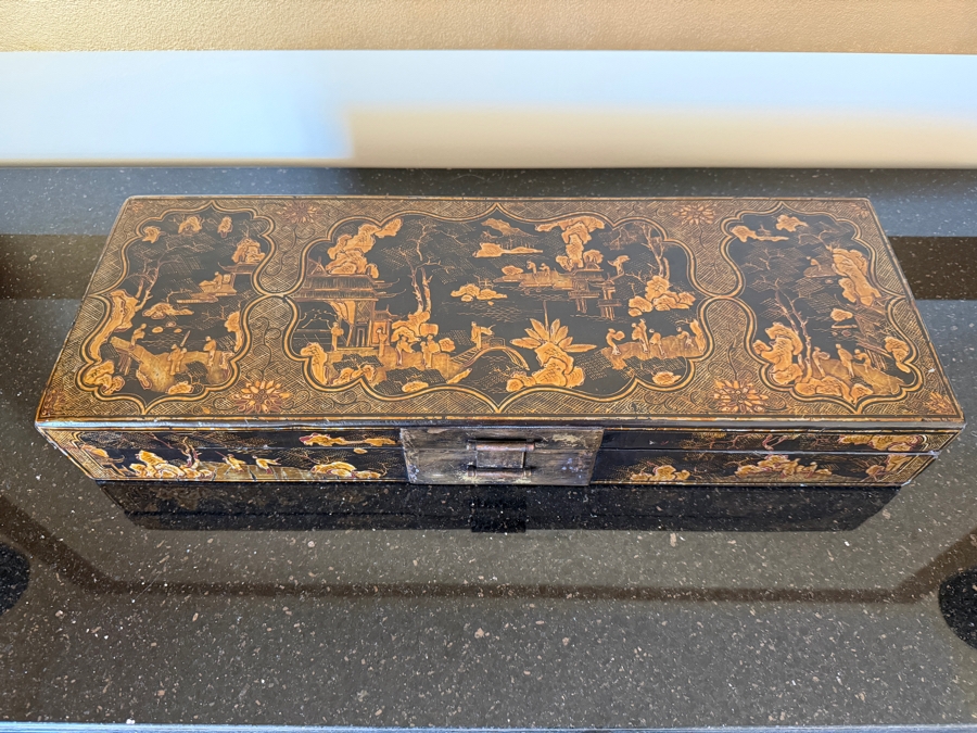 Vintage Chinese Black Lacquer Chinoiserie Long Document Box With Gilt Decoration 21.5'W X 8'D X 3.5'H [Photo 2]