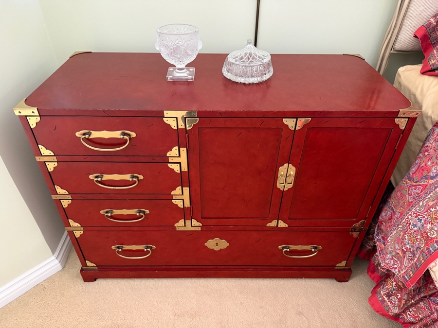 Century Furniture Hollywood Regency Chinoiserie Red Lacquered Campaign Commode Chest 40'W X 17'D X 29'H [Photo 2]