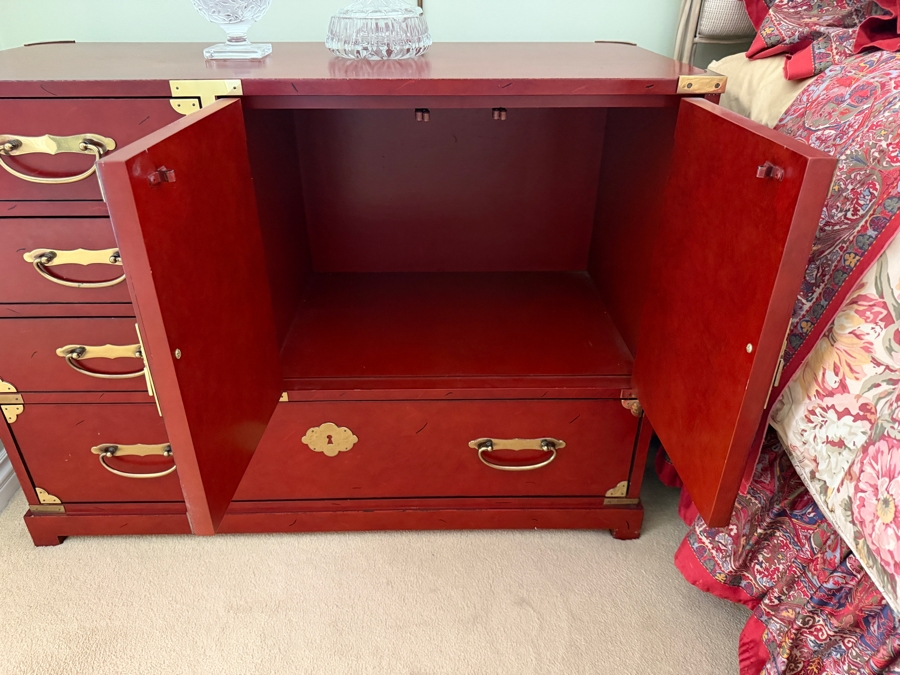Century Furniture Hollywood Regency Chinoiserie Red Lacquered Campaign Commode Chest 40'W X 17'D X 29'H [Photo 3]