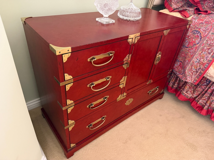 Century Furniture Hollywood Regency Chinoiserie Red Lacquered Campaign Commode Chest 40'W X 17'D X 29'H [Photo 6]